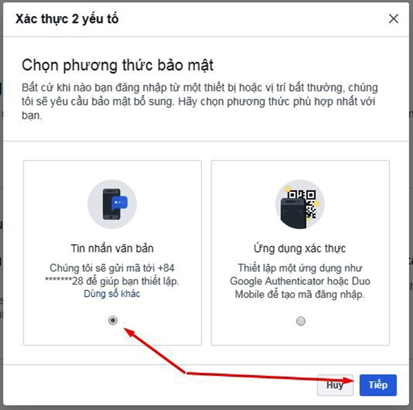 Chọn Tin nhắn văn bản để nhận mã bảo mật Chọn Tin nhắn văn bản để nhận mã bảo mật