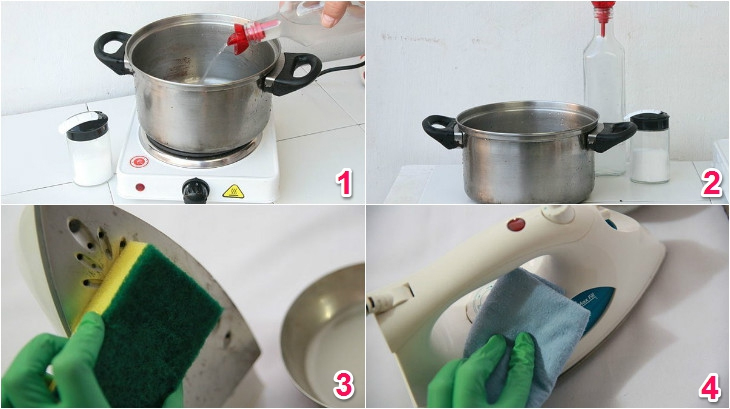 Xử lý bàn ủi bị cháy bằng hỗn hợp dấm ăn và muối Xử lý bàn ủi bị cháy bằng hỗn hợp dấm ăn và muối