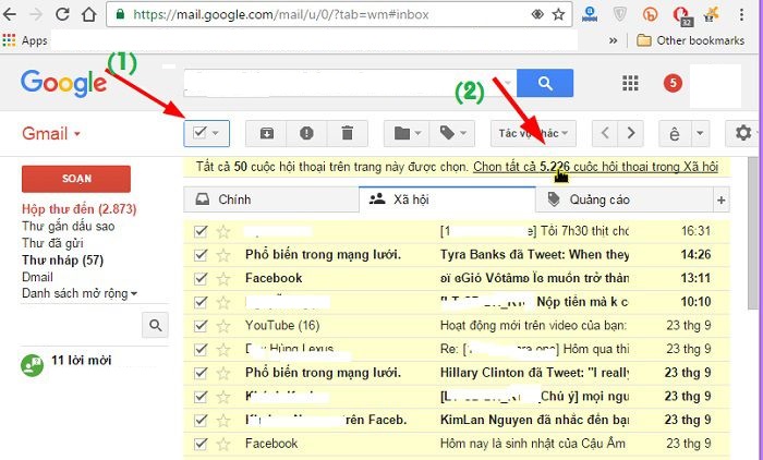 Xóa bớt thư trong Gmail để tăng dương lượng Drive